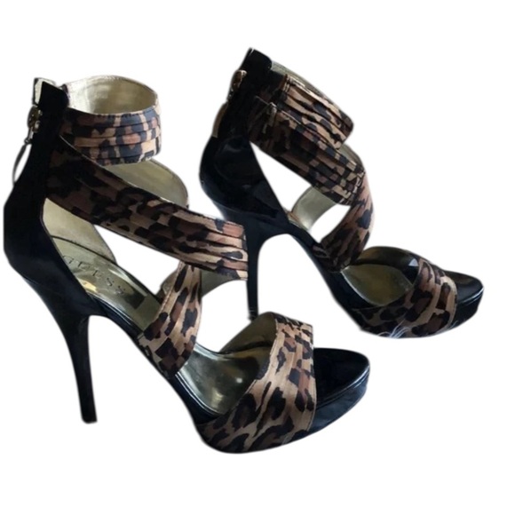 Guess Sabin size 10 leopard print satin platform gladiator heels NIB - Picture 5 of 13